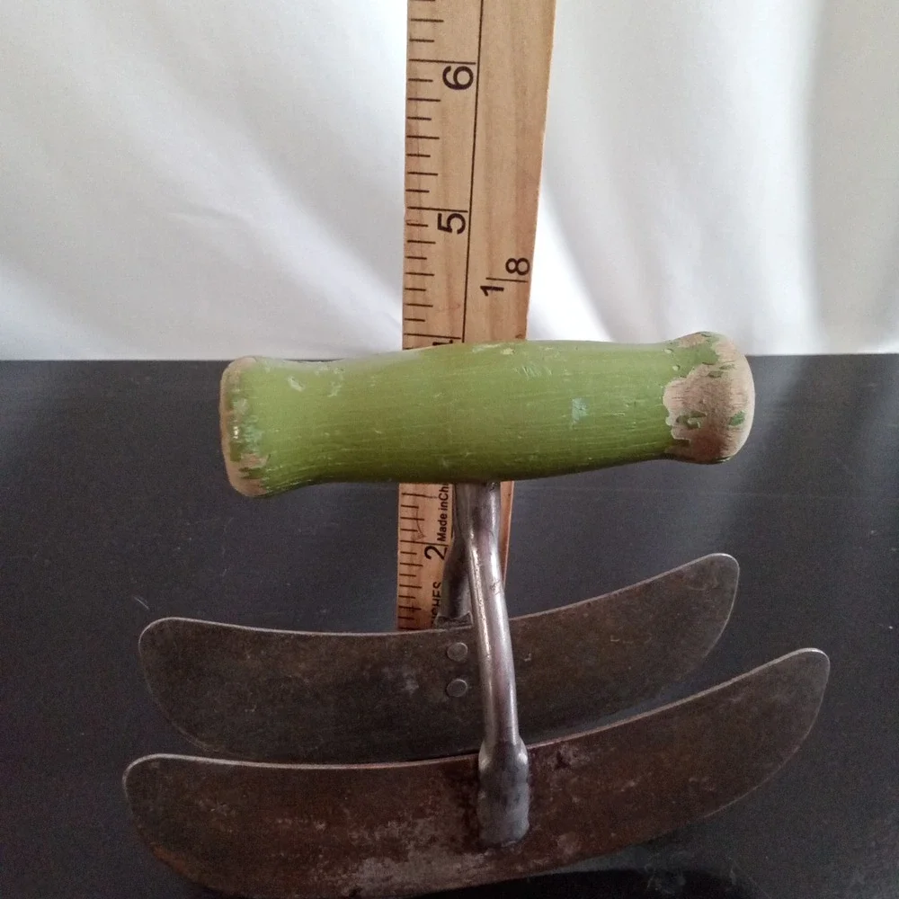 Vintage Double Blade Mezzaluna Herb Chopper Green Wood Handle Rustic Kitchen